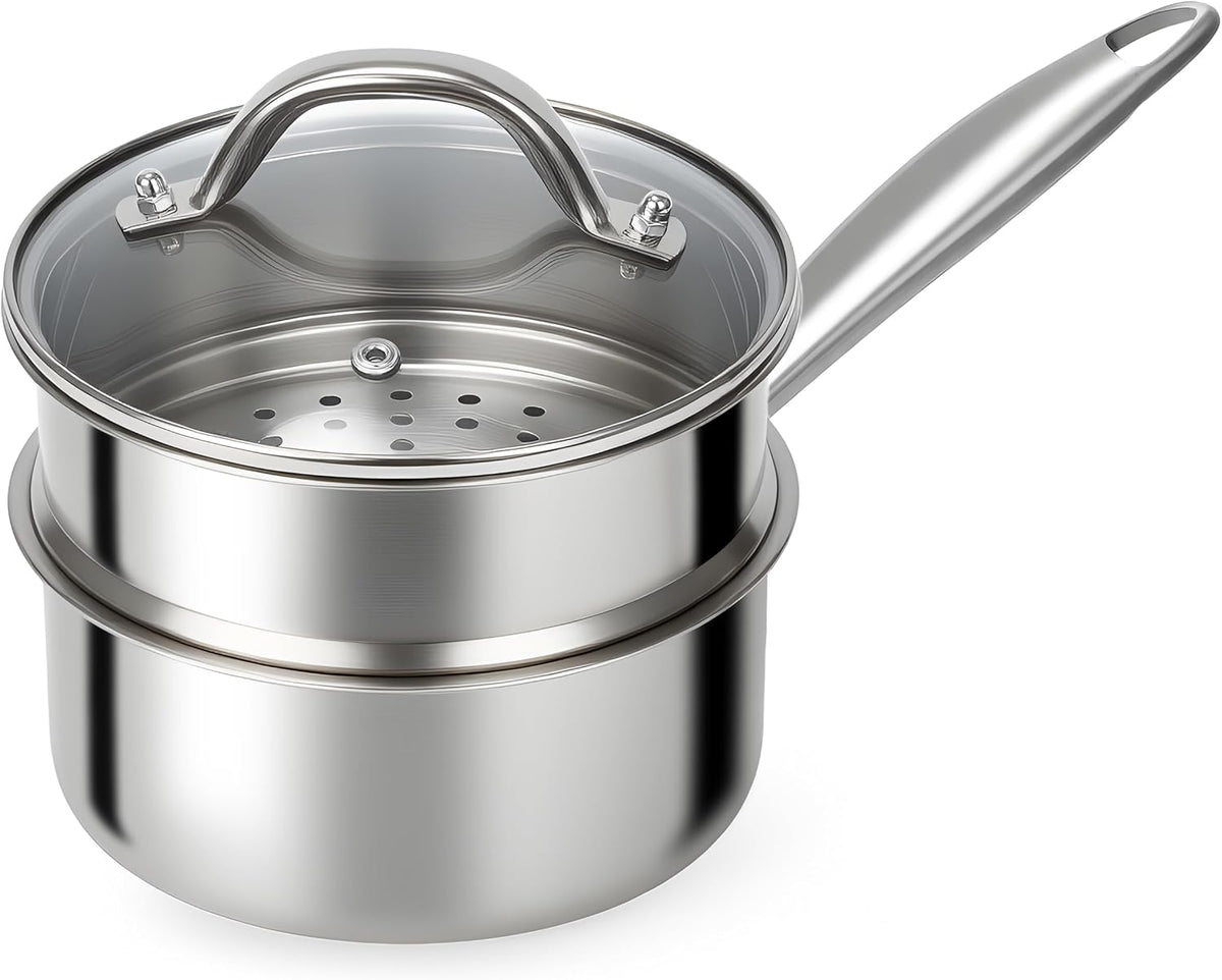 Ohtomber 1.5 Qt Tri-Ply Stainless Steel Saucepan with Steamer Basket & Lid