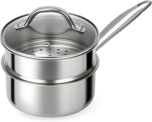 Ohtomber 1.5 Qt Tri-Ply Stainless Steel Saucepan with Steamer Basket & Lid