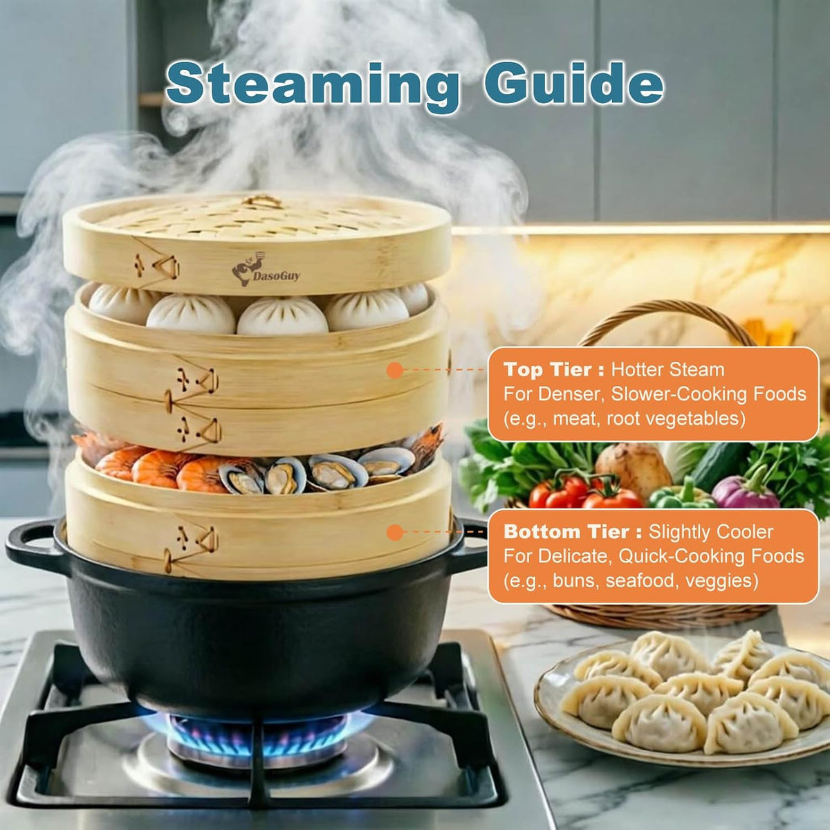 Deep Bamboo Steamer Basket Set 10 Inch 2-Tier Dumpling Steamer for Cooking