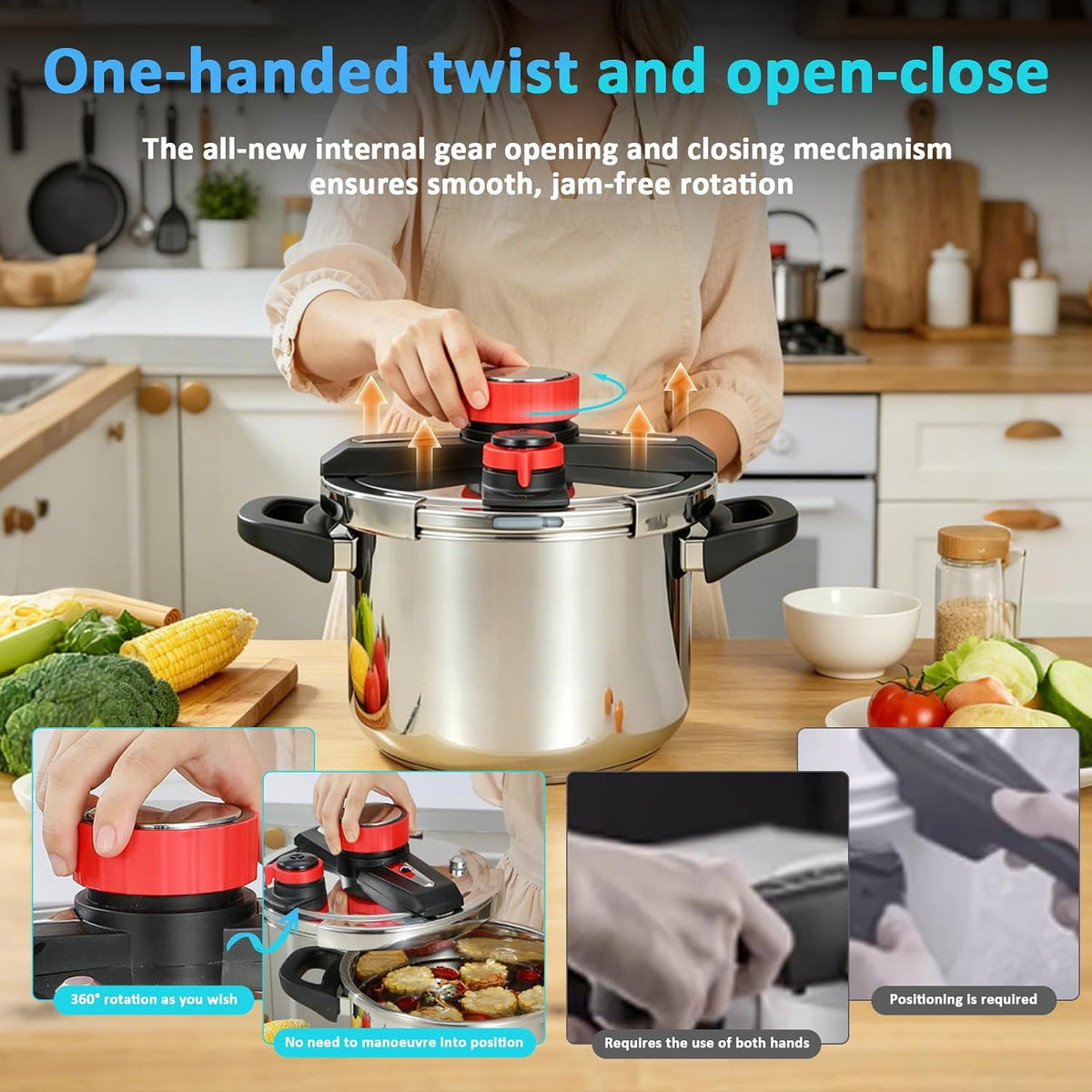 Pressure Cooker - 3-in-1 Stainless Steel Pressure Cooker Compatible With gas Stoves and Induction Cookers Featuring an easy-to-open Lid Safety Lock System and Adjustable pressure Valve