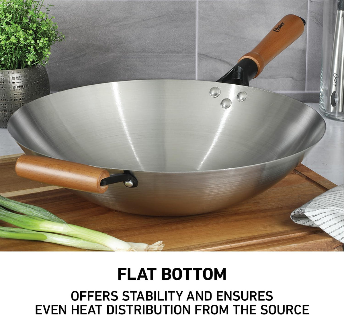 Oster Sangerfield 14-Inch Stainless Steel Wok With Wood Handles, Durable Non-Stick Stir Fry Pan for Gas and Electric Stovetops