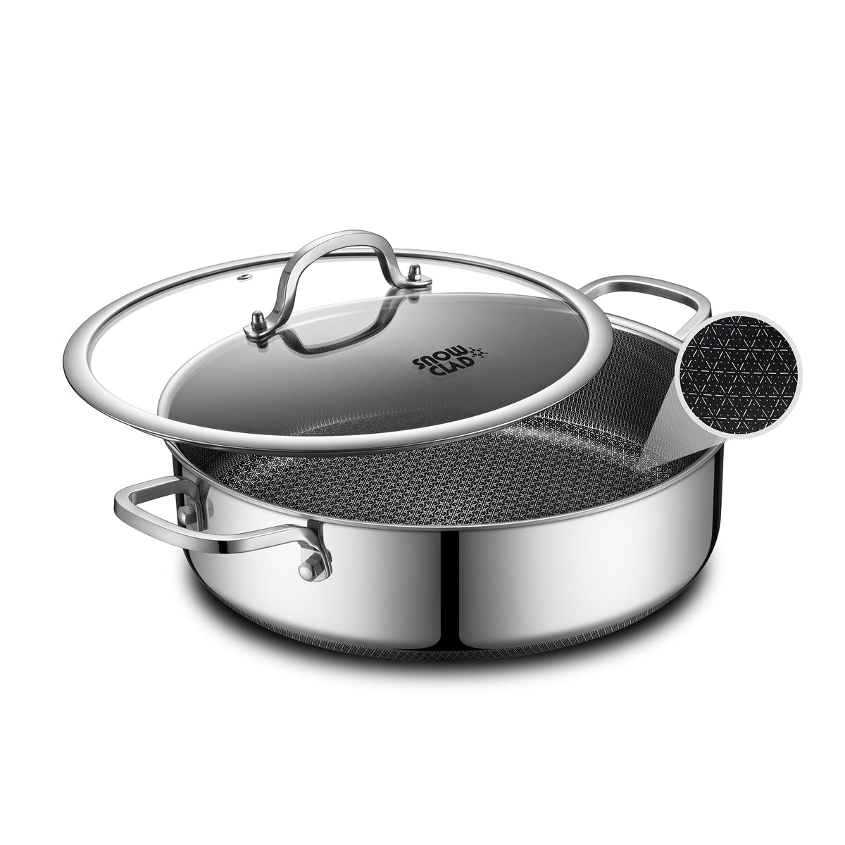 SNOWCLAD Frying Pans Nonstick with Lid,Hybrid Non Stick 5 Quart Saute pan,PFOA Free Cookware,Stainless Steel skillet,12 inch Deep Saute Pan,Dishwasher&Oven Safe,Works on All Cooktops