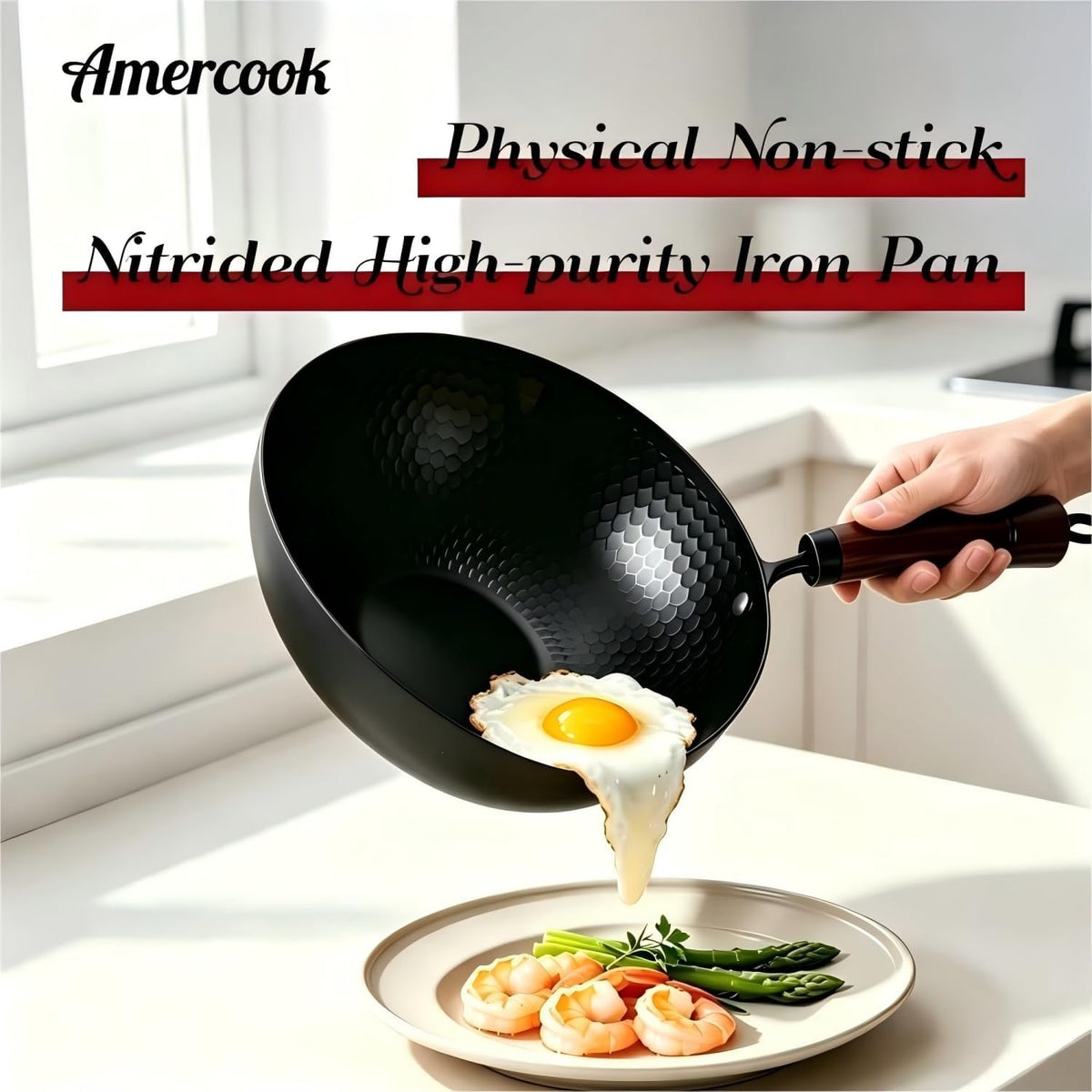 Amercook 12 Inch Carbon Steel Wok with Lid, Pre-Seasoned Flat Bottom Wok Pan, 5.5QT Nonstick Chinese Woks & Stir-Fry Pans for Induction, Gas, Electric Stovetop, Uncoated No Chemical (12.60-in)
