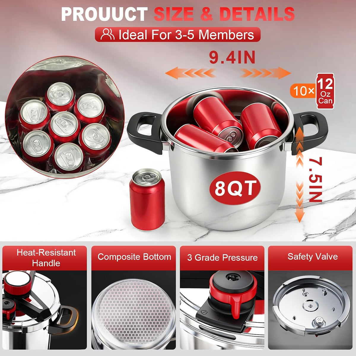 [3-IN-1] 18/8 Stainless Steel Pressure Cooker 8 Quart [Save 70% of time ]