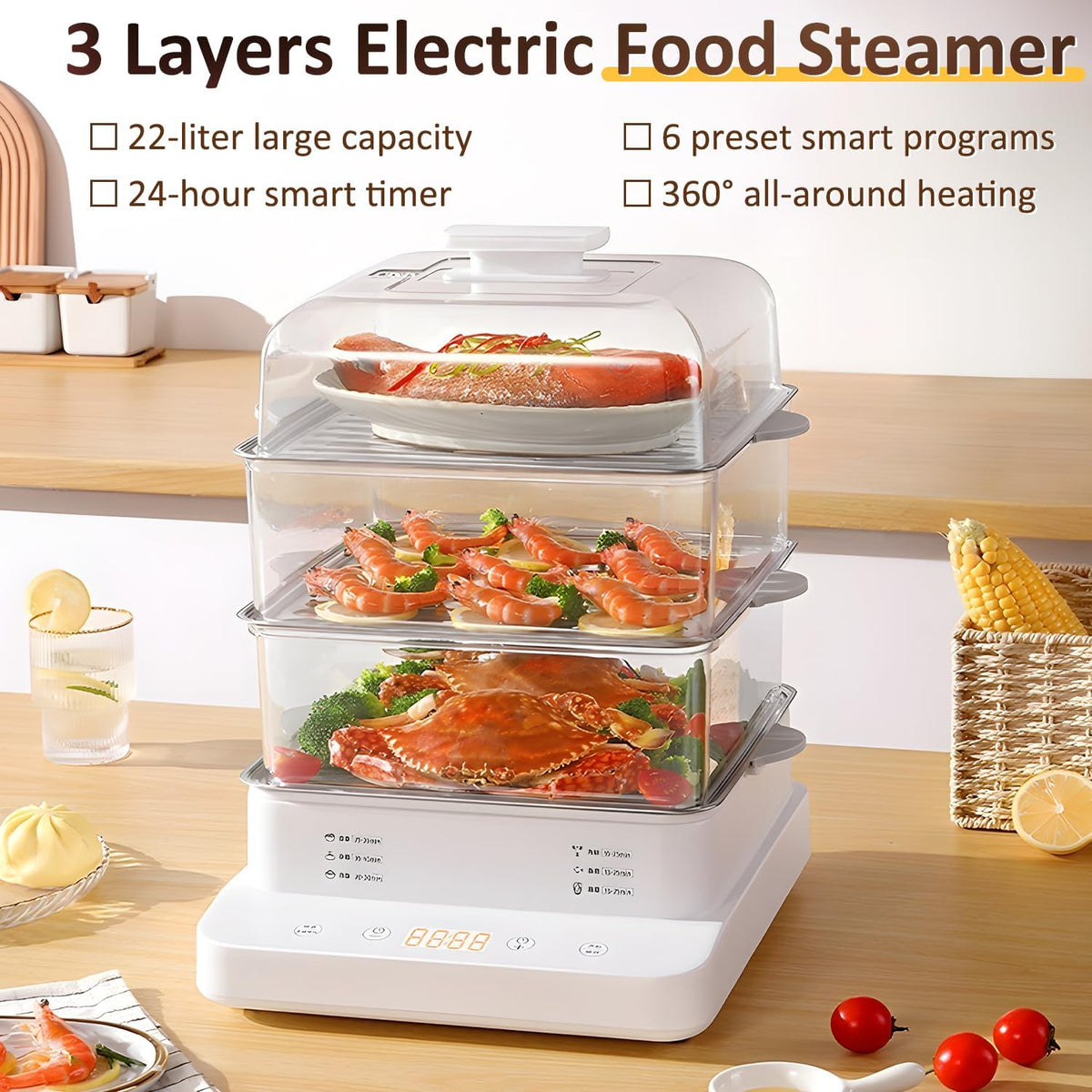 23QT Electric Food Steamer,3-Tier Seafood & Vegetable Steam Cooker
