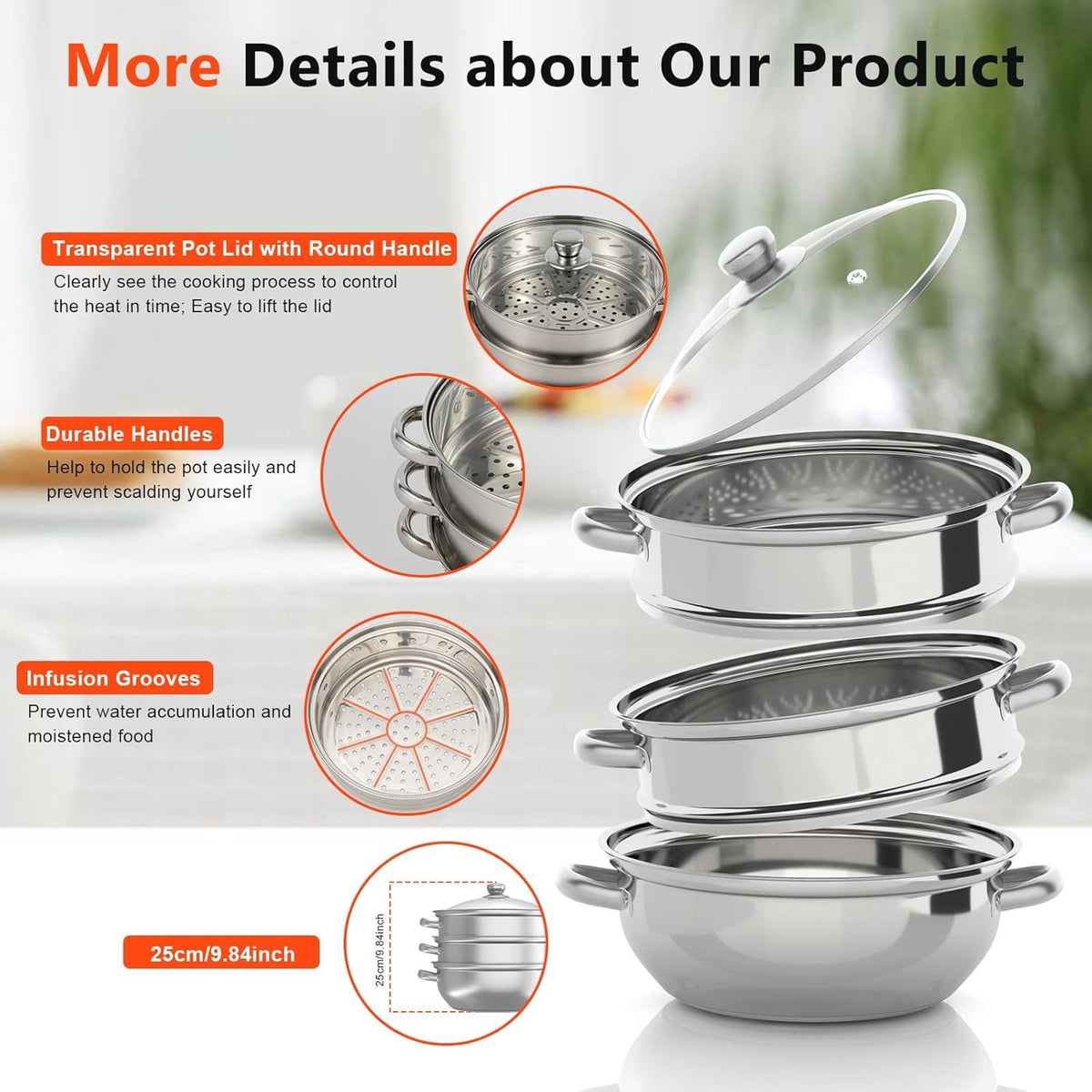 3-Tier Stainless Steel Steamer for Cooking, 28cm Multipurpose Food Steaming Cookware with Lid, Dishwasher for Seafood Vegetables Rice Compatible with Gas Electric Induction & Halogen Stoves