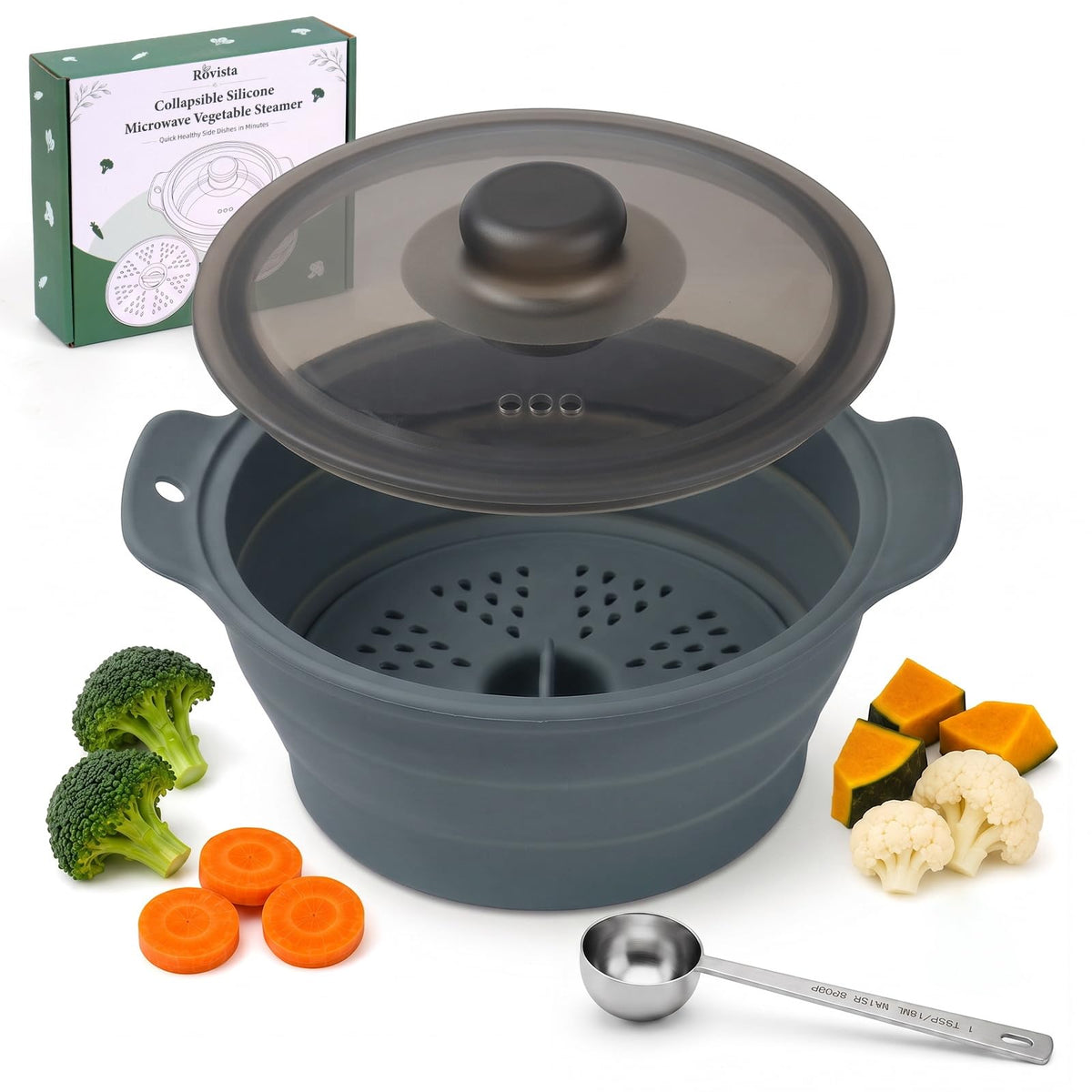 42oz Collapsible Silicone Microwave Steamer for Vegetables, Green