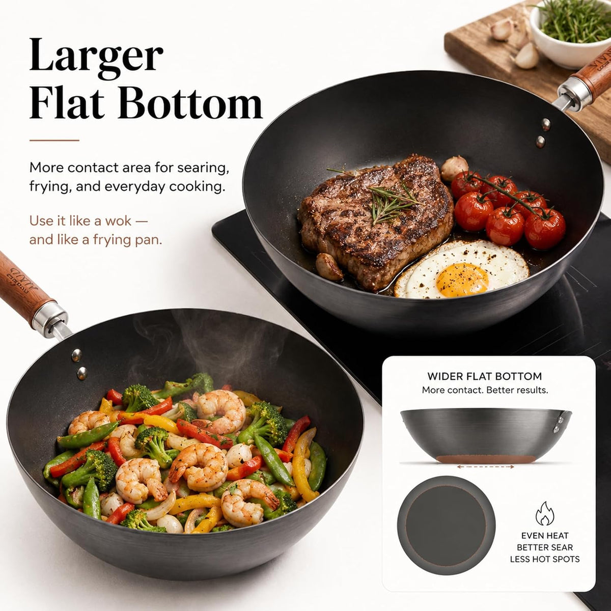10.2-Inch Carbon Steel Wok Frying Pan with Lid, Flat Bottom
