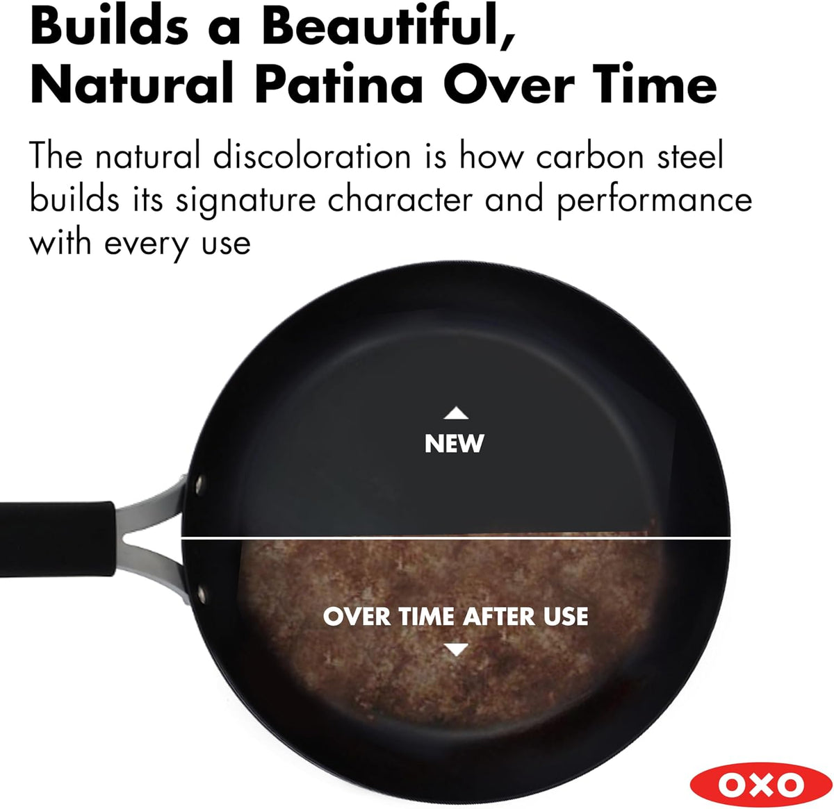 OXO Obsidian Pre-Seasoned Carbon Steel, 12" Wok Pan with Removable Silicone Handle Holder, Induction, Oven Safe, Black
