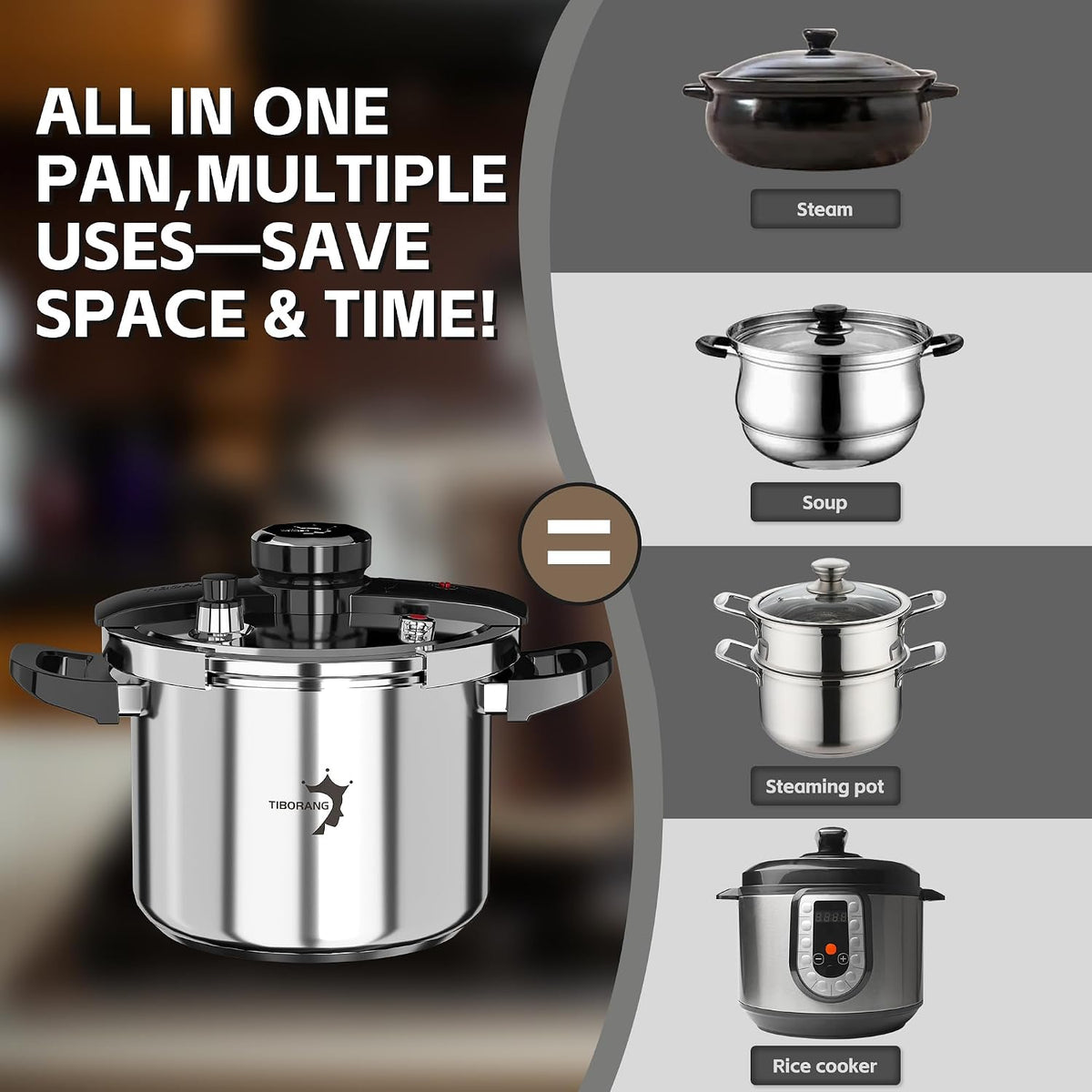 TIBORANG 8.5 QT Stainless Steel Pressure Cooker, Family Size for 3-5 People