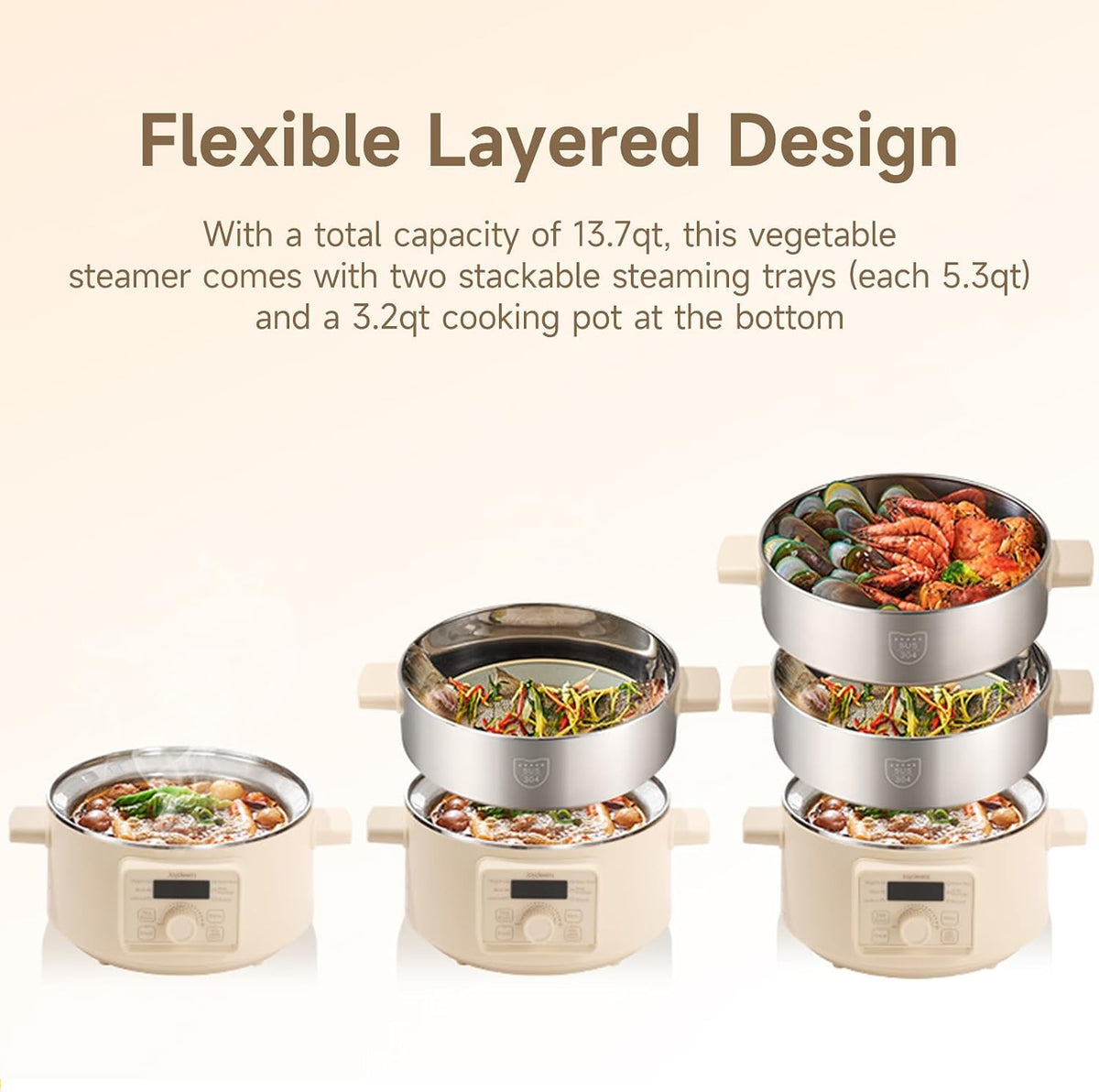 Joydeem Electric Food Steamer for Cooking, 2-Tier Stainless Steel Vegetable & Food Steamers, 13L/13.7 qt Large Capacity, DZG-A100