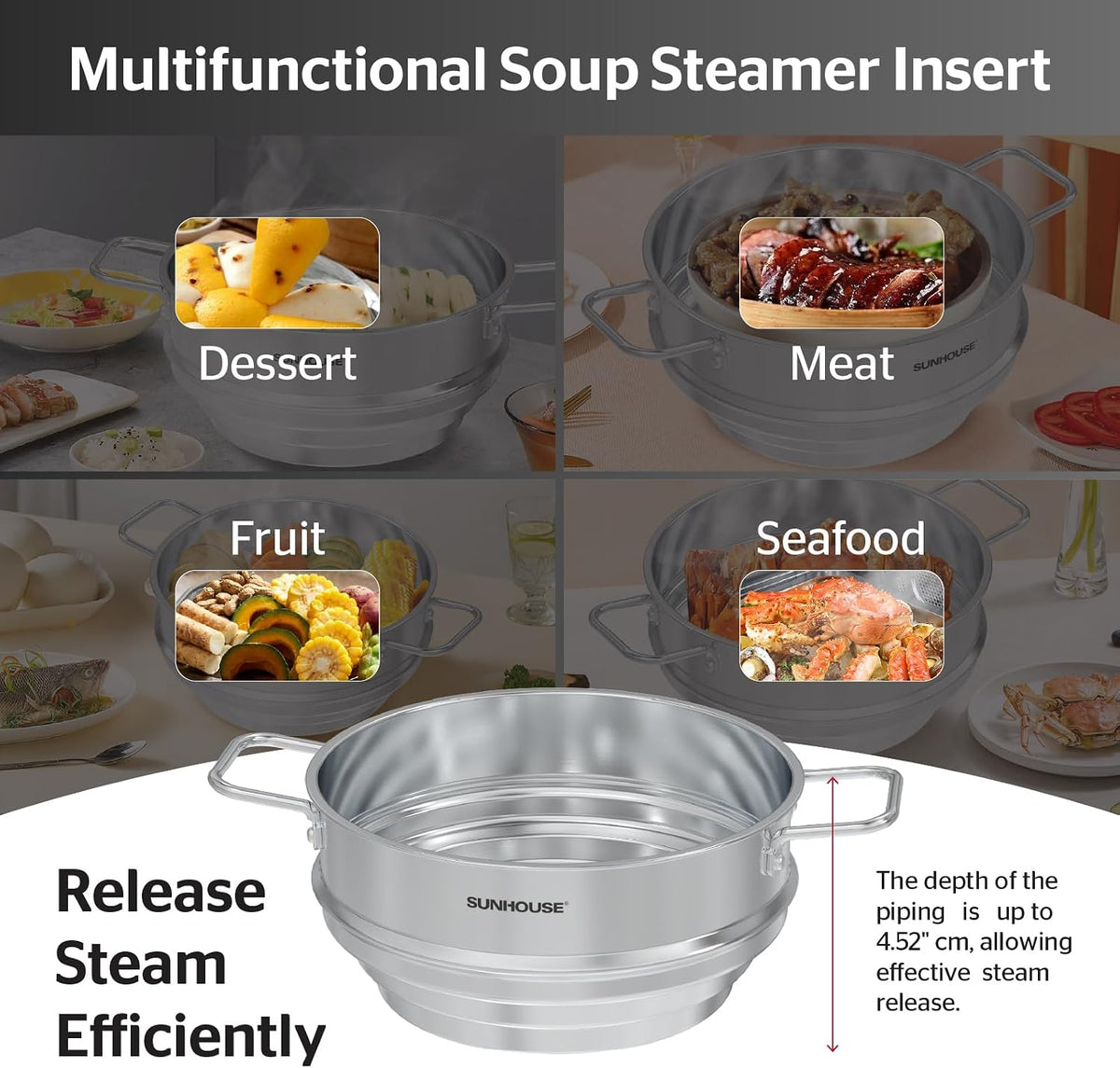SUNHOUSE 5 QT Stainless Steel Steamer Basket for Pot, Universal Insert