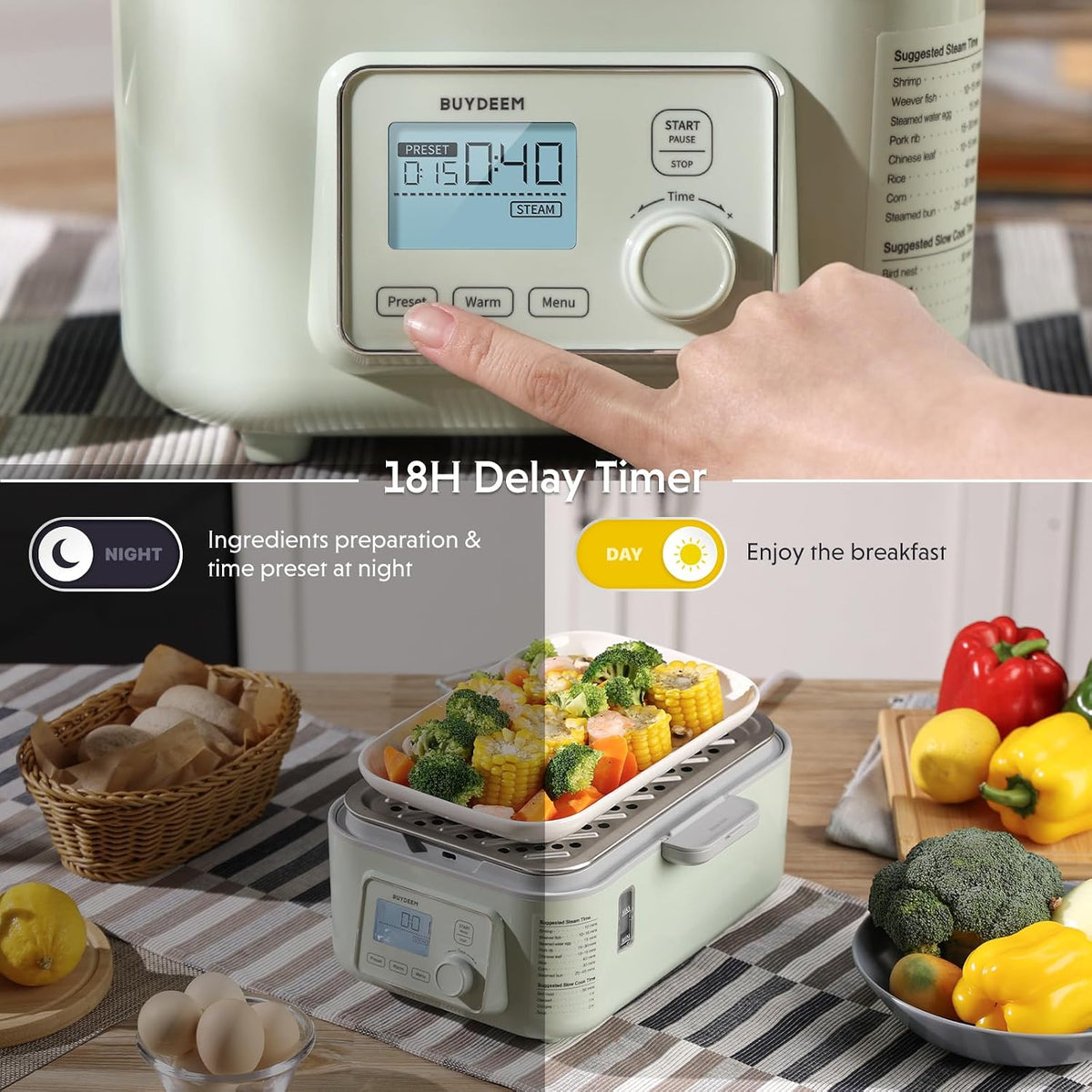 BUYDEEM G553 5.3Qt Electric Food Steamer, 18H Delay Timer, Dual Protection
