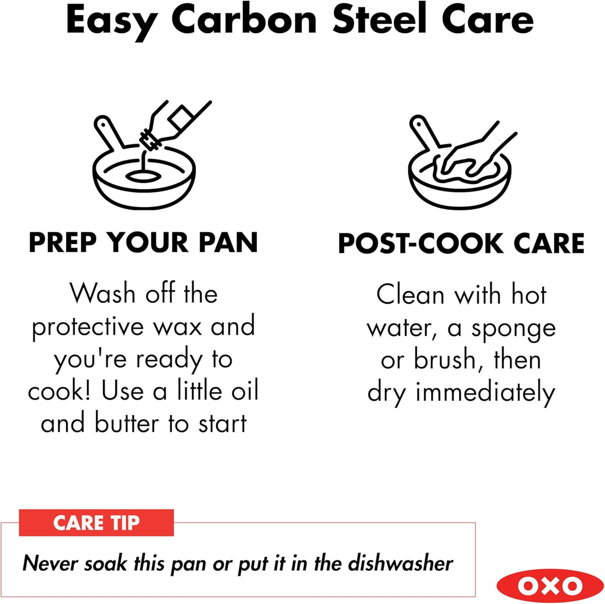 OXO Obsidian Pre-Seasoned Carbon Steel, 12" Wok Pan with Removable Silicone Handle Holder, Induction, Oven Safe, Black