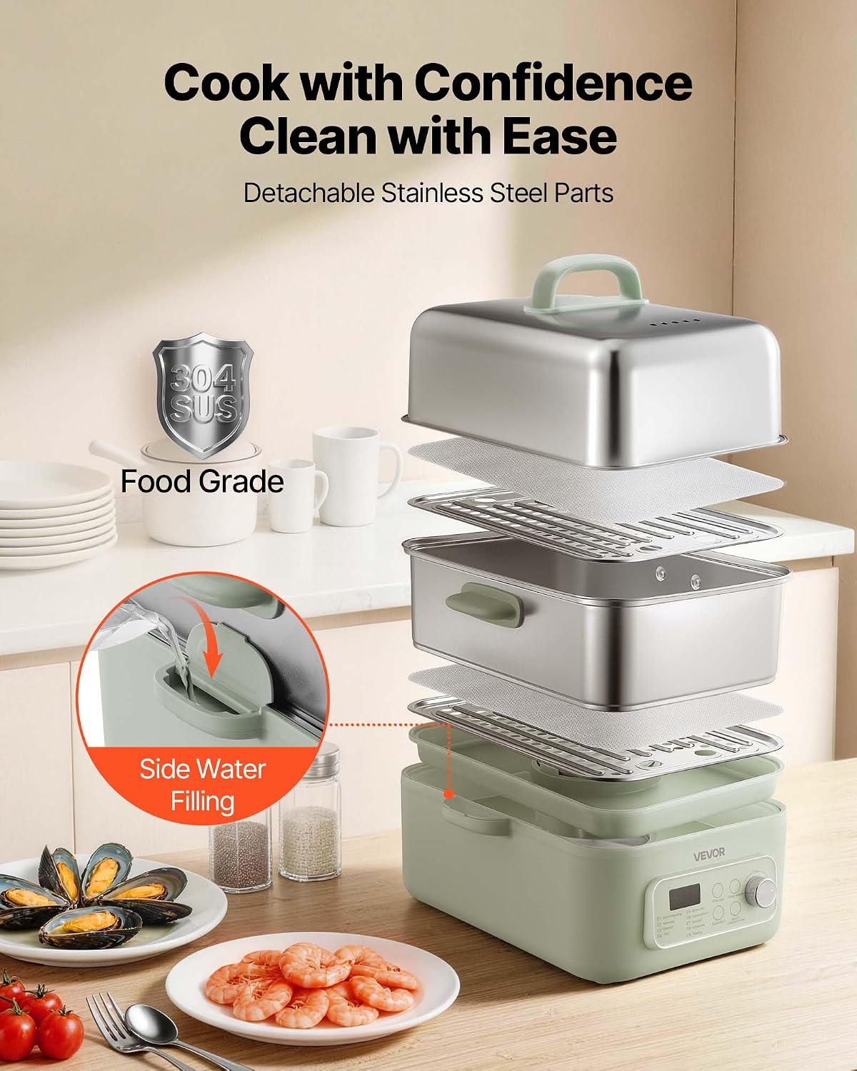 VEVOR Electric Food Steamer 13.7 QT 2-Tier Stainless Steel for 3-6 Servings, 1500W Vegetable & Meal Steamer for Cooking with 9 Pre-Programmed Settings, Keep Warm, for Veggies, Seafood & Rice, Green