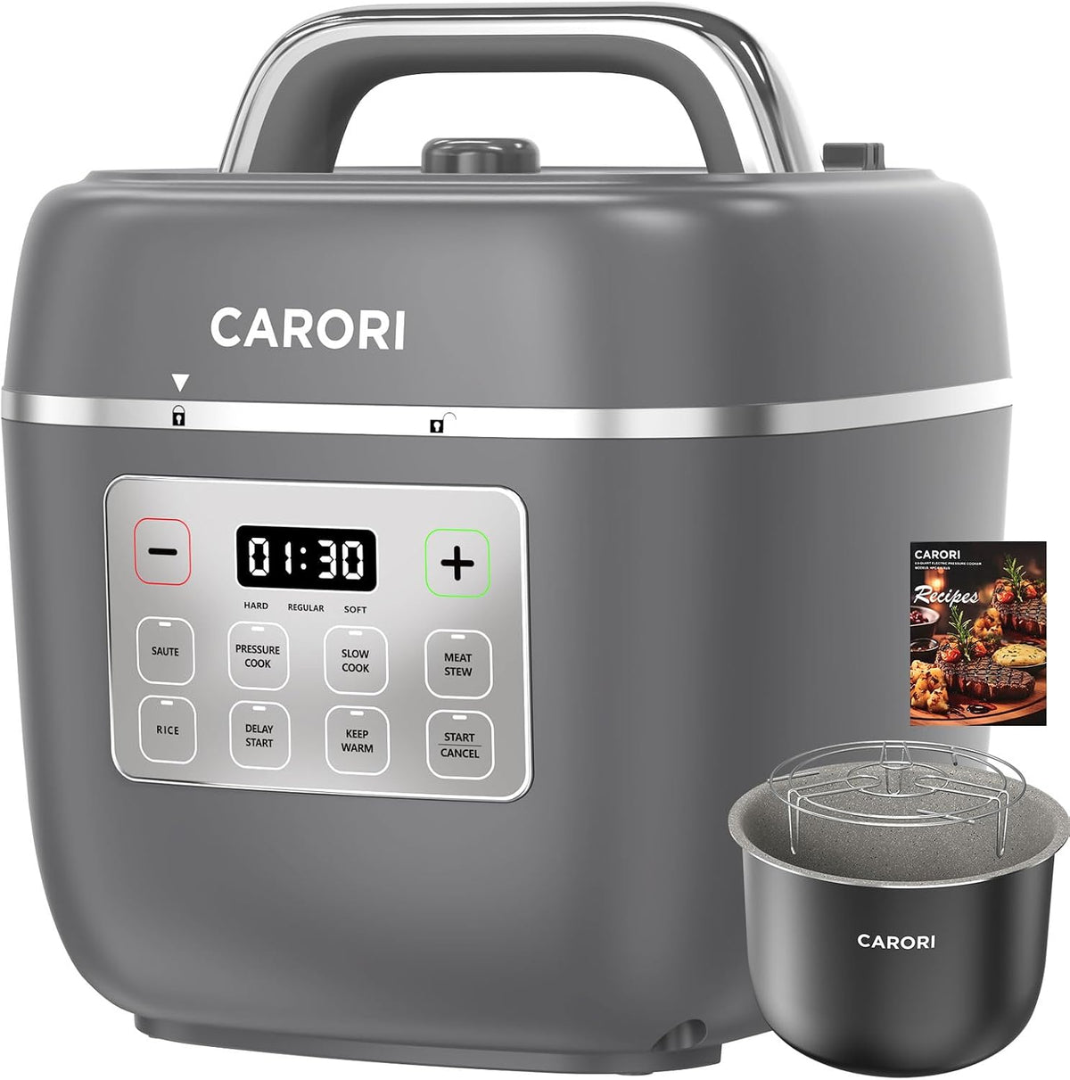 CARORI 3 Qt Electric Pressure Cooker, 8-in-1 Compact Multi-Cooker with Ceramic Nonstick Pot, 700W, Sauté, Slow Cook, Rice, Stew, Delay Start, Keep Warm, Gray