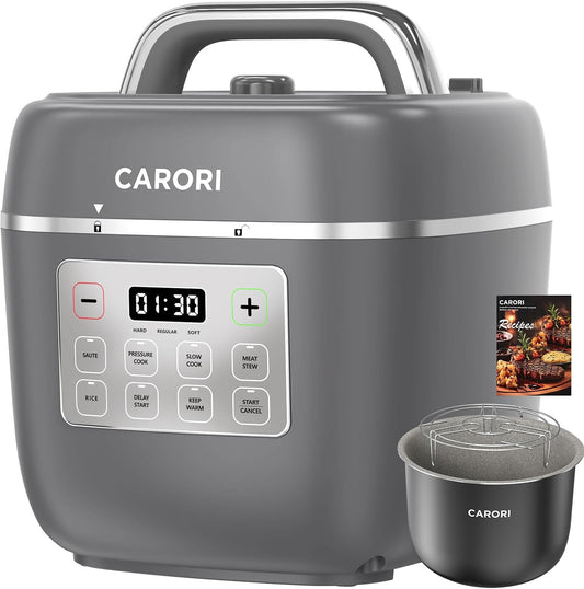 CARORI 3 Qt Electric Pressure Cooker, 8-in-1 Compact Multi-Cooker with Ceramic Nonstick Pot, 700W, Sauté, Slow Cook, Rice, Stew, Delay Start, Keep Warm, Gray