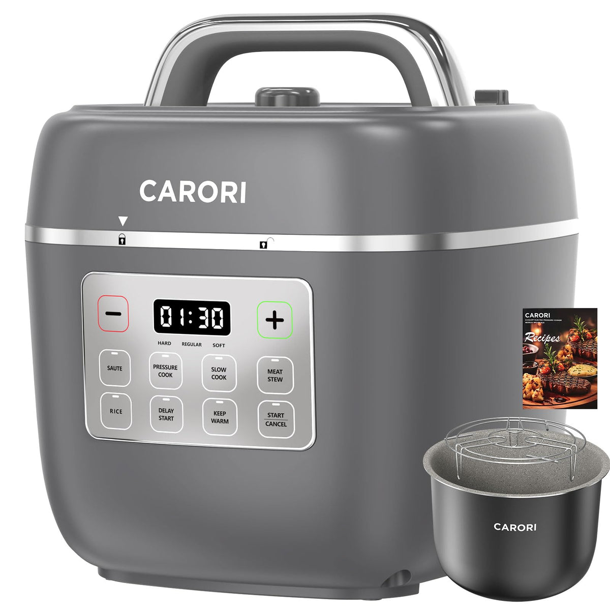 CARORI 3 Qt Electric Pressure Cooker, 8-in-1 Compact Multi-Cooker with Ceramic Nonstick Pot, 700W, Sauté, Slow Cook, Rice, Stew, Delay Start, Keep Warm, Gray