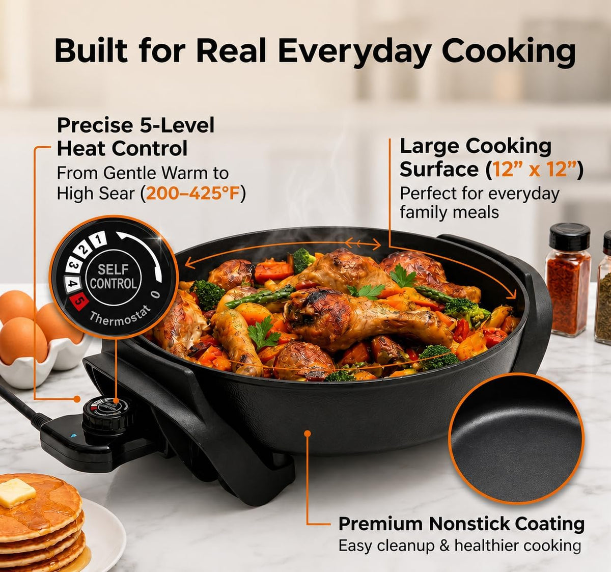 Moss & Stone Round Electric Skillet with Lid, 12-Inch Nonstick Frying Pan
