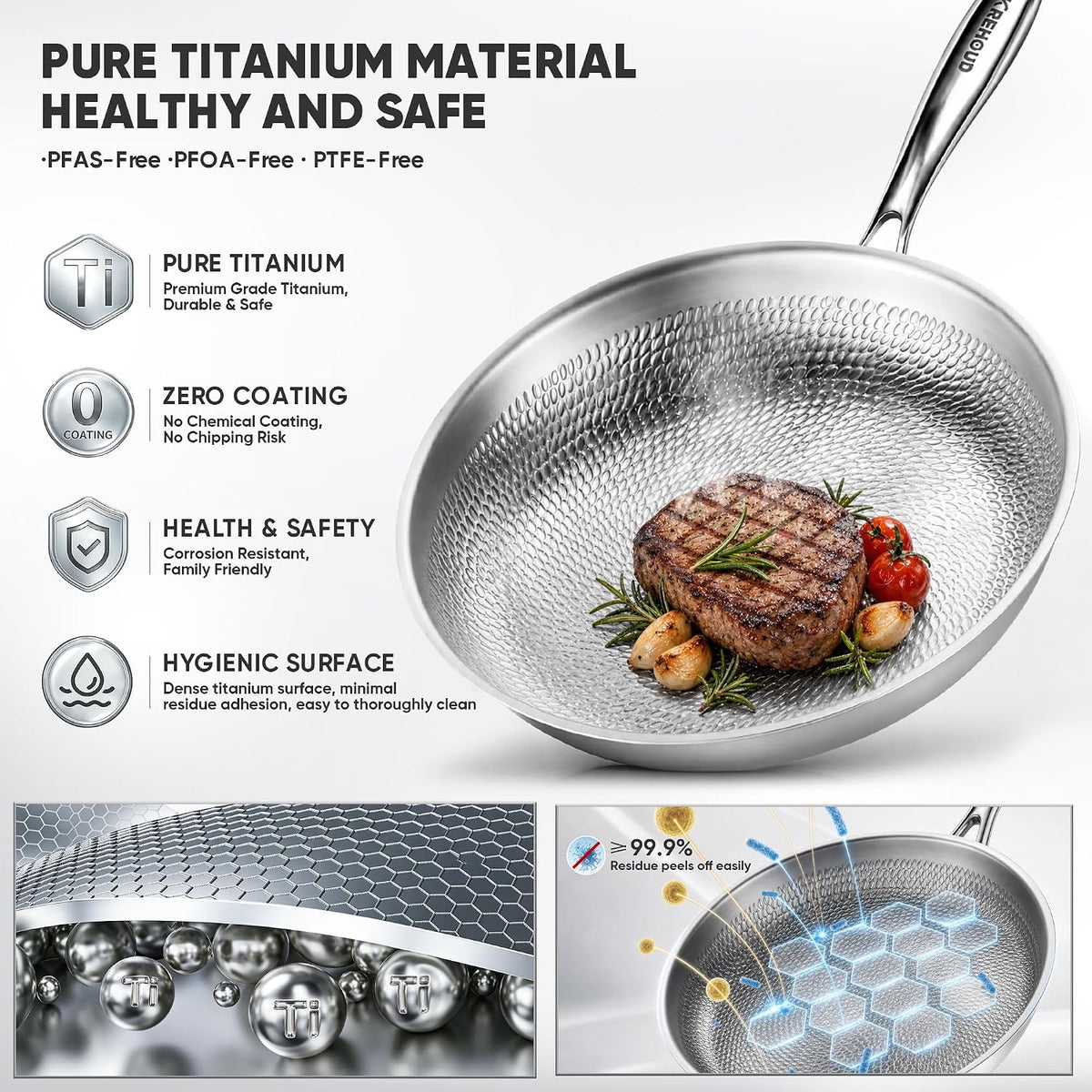 Okura Titanium Pans for Cooking, Titanium Cookware, 12" Frying Pan Hammered Design with Lid, No Coating, Non-Toxic Pro Pan PFAS/PFOA/PTFE Free, Dishwasher&Oven Safe, Induction Compatible