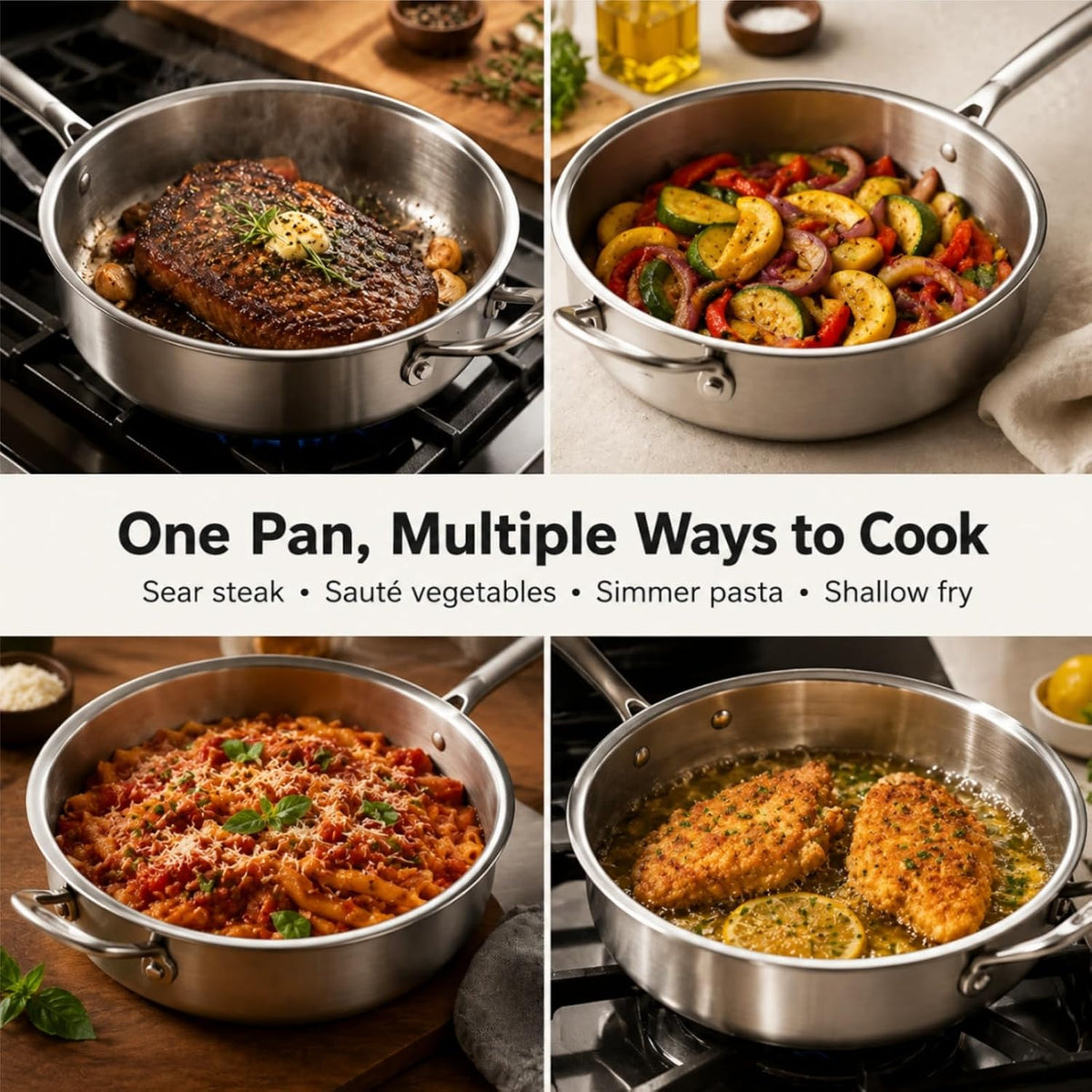 WANGYUANJI 11 Inch Tri-Ply Stainless Steel Saute Pan with Glass Lid, 4.7 QT Deep Skillet for 3–4 Servings, 18/10 304 Interior, Induction Compatible, Oven & Dishwasher Safe
