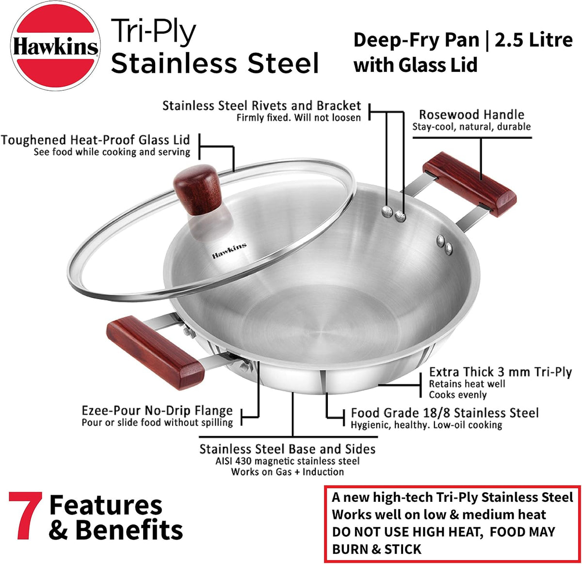 Hawkins 2.5 Litre Deep Fry Pan, Triply Stainless Steel Kadai with Glass Lid, Flat Bottom Induction Kadhai, Silver (SSD25G)