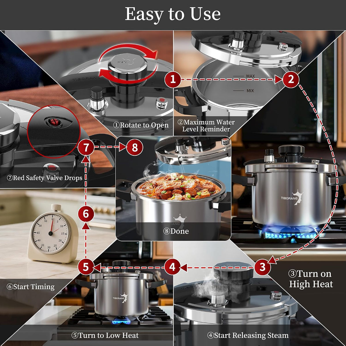 TIBORANG 8.5 QT Stainless Steel Pressure Cooker, Family Size for 3-5 People
