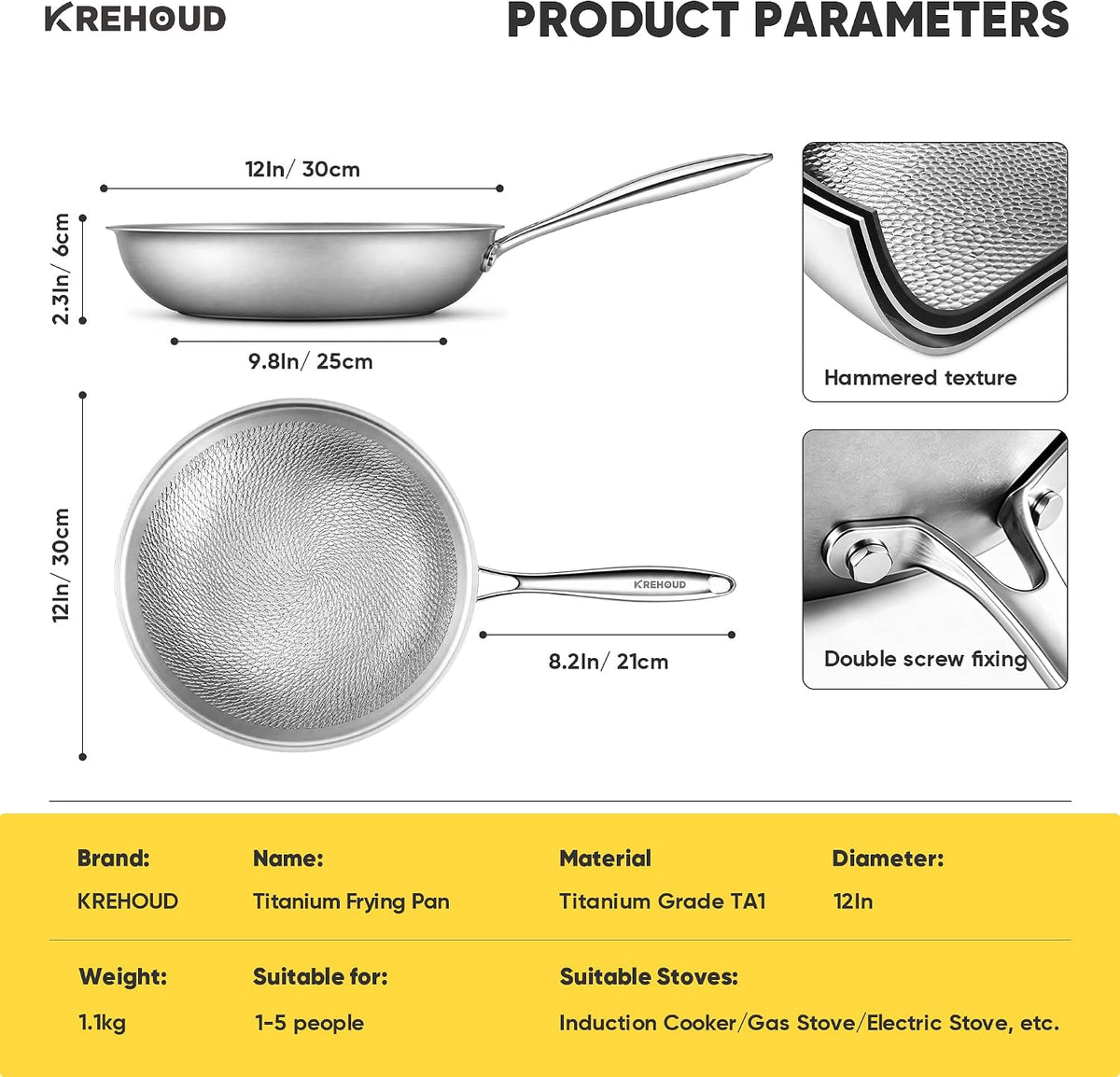 Okura Titanium Pans for Cooking, Titanium Cookware, 12" Frying Pan Hammered Design with Lid, No Coating, Non-Toxic Pro Pan PFAS/PFOA/PTFE Free, Dishwasher&Oven Safe, Induction Compatible