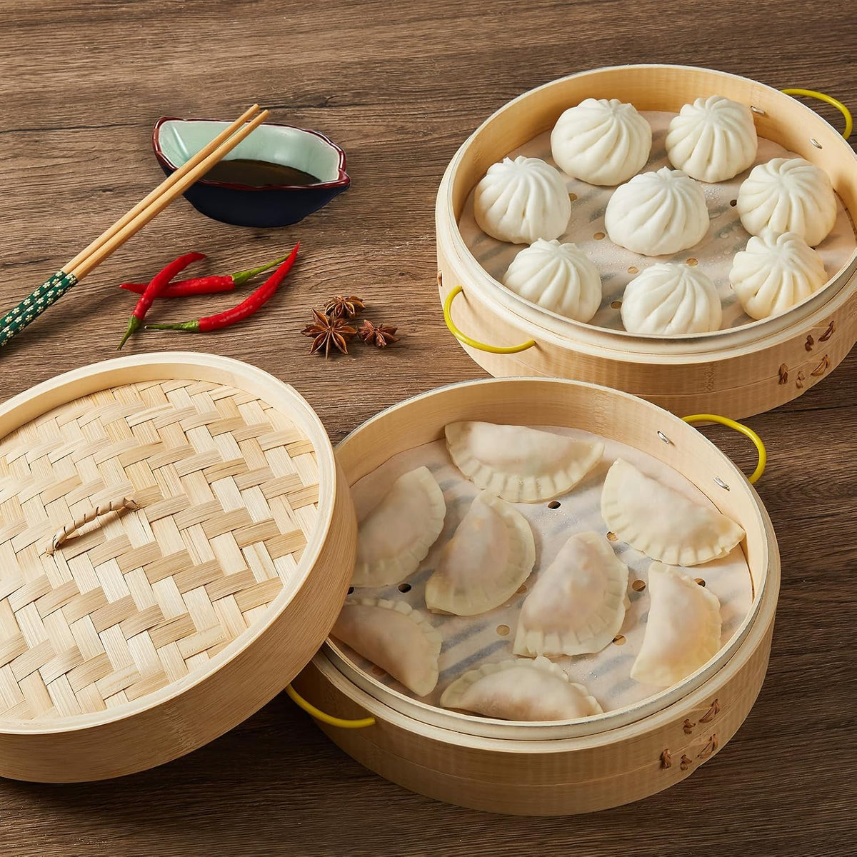MacaRio 10 Inch Bamboo Steamer Basket Set Dumpling Steamer for Cooking