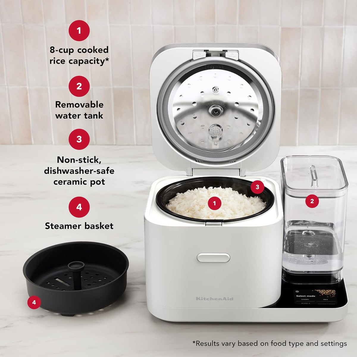 KitchenAid 8 Cup Grain and Rice Cooker, Integrated Scale, Porcelain White