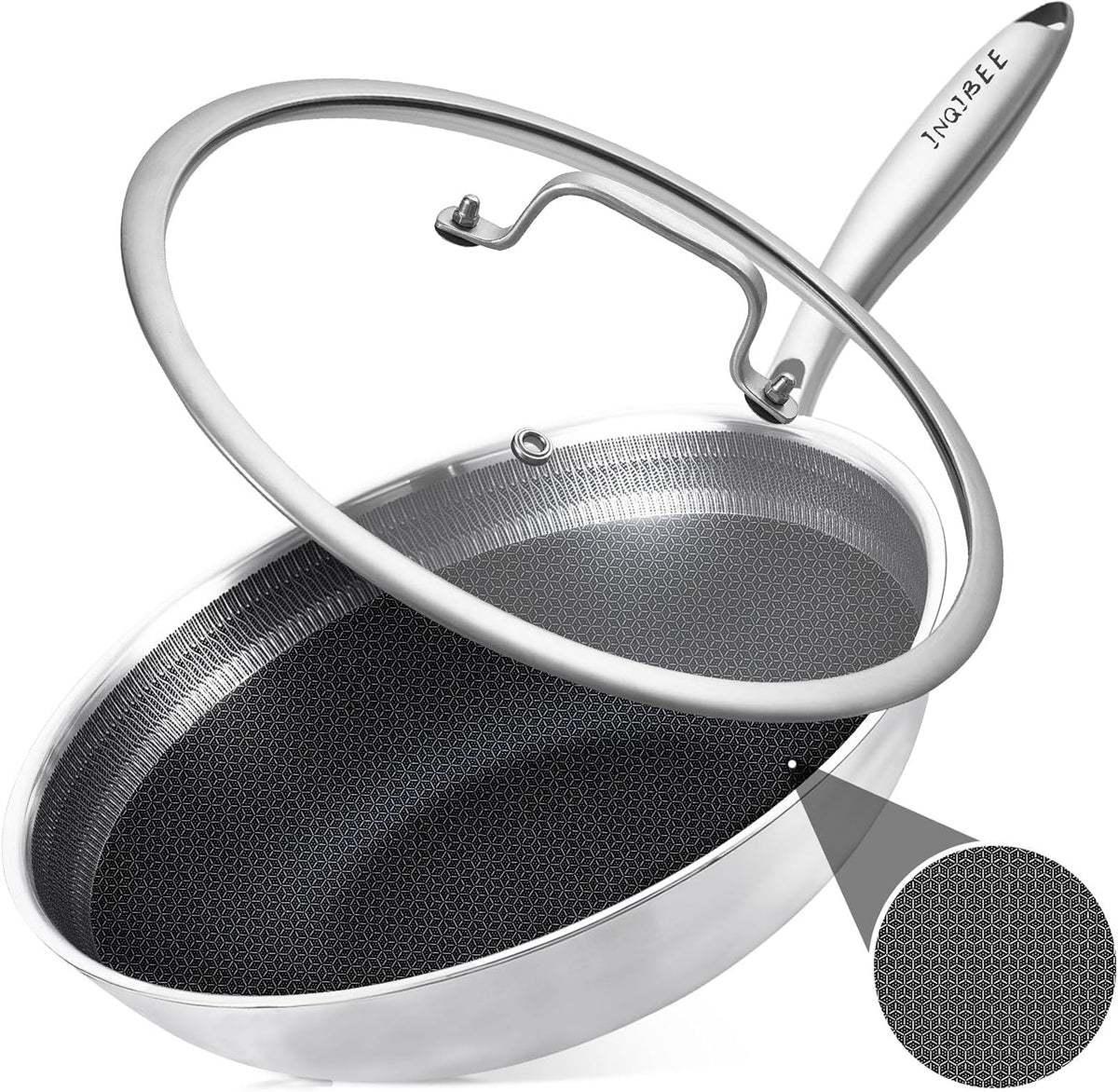 Inqibee 12.5 Inch Hybrid Stainless Steel Wok Pan with Lid, Ceramic Coating