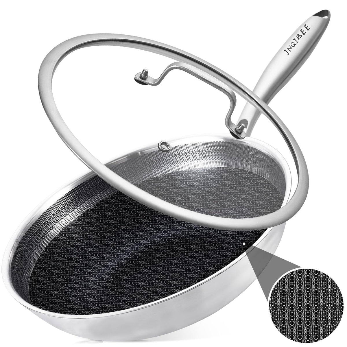 Inqibee 12.5 Inch Hybrid Stainless Steel Wok Pan with Lid, Ceramic Coating