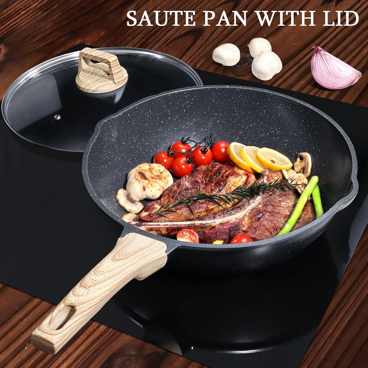 GiPP Ceramic Nonstick Deep Frying Pan Skillet, 12" Saute Pan with Lid, Induction Cookware Non Stick Cooking Pan, PTFE PFOA PFOS APEO Free, Grey