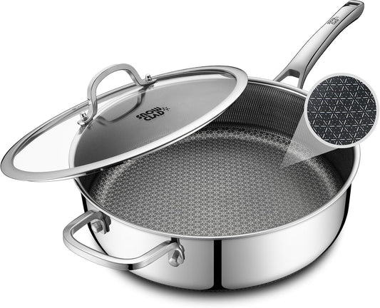 SNOWCLAD Frying Pans Nonstick with Lid,Hybrid Non Stick 5 Quart Saute pan,PFOA Free Cookware,Stainless Steel skillet,12 inch Deep Saute Pan,Dishwasher&Oven Safe,Works on All Cooktops