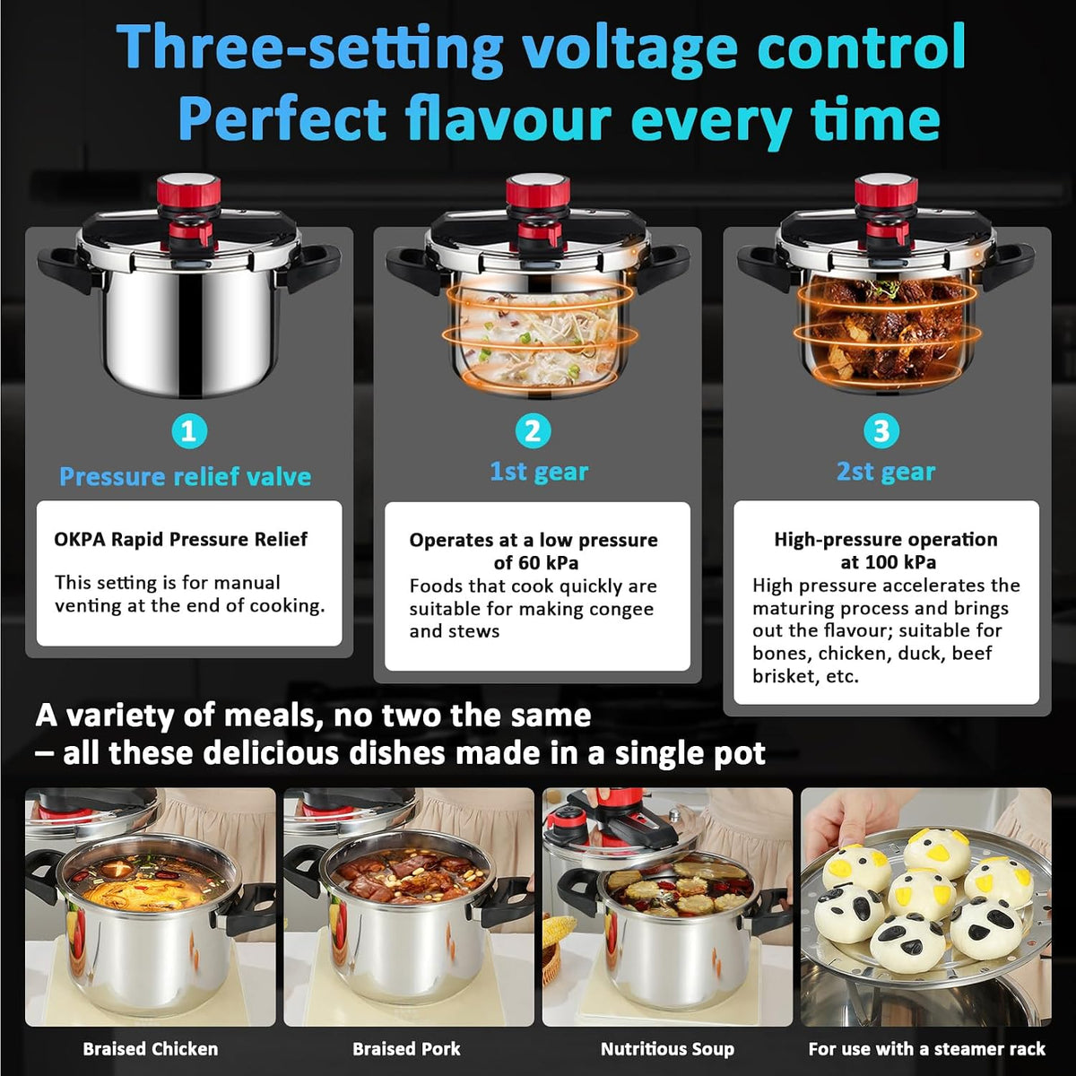 Pressure Cooker - 3-in-1 Stainless Steel Pressure Cooker Compatible With gas Stoves and Induction Cookers Featuring an easy-to-open Lid Safety Lock System and Adjustable pressure Valve