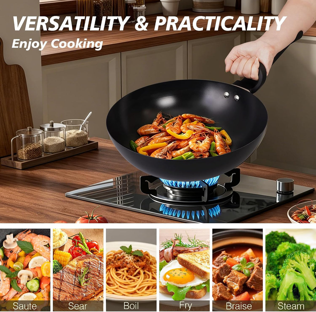 Ceramic Nonstick sauté pan,13 Inch Woks & Stir-fry Pans Nonstick with Ergonomic Handle, Chinese Woks for All Stoves Nonstick Frying Pan Skillet with Lid, PFOA PFAS PTFE Free