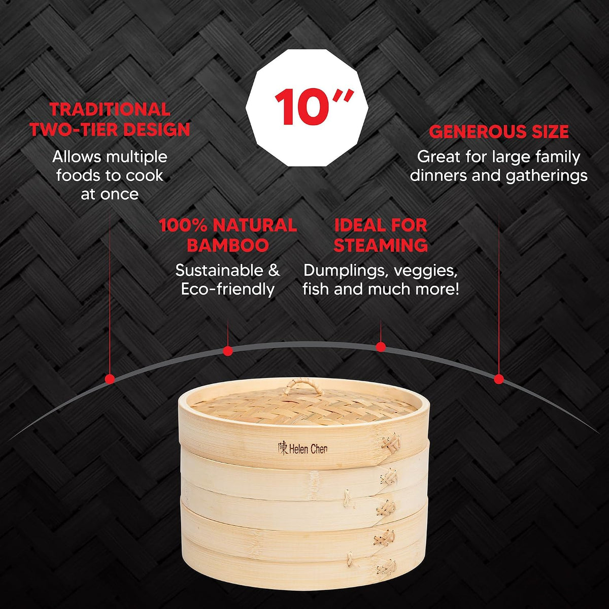 Helen's Asian Kitchen Bamboo Food Steamer with Lid - 100% Natural Bamboo - Basket Steamers for Cooking Dumplings, Dim Sum, Veggies, Fish, Meat - Preserve Nutrients & Flavors - 10-Inch