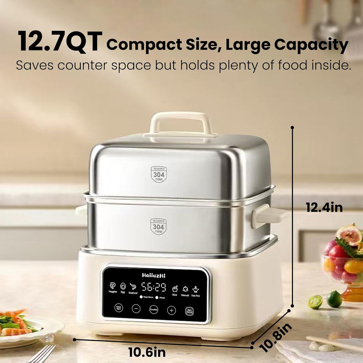 Electric Food Steamer 12.7 QT, Double-Tier 8-in-1 Vegetable & Meal Steamer, Stainless Steel, Timer & Keep Warm, Boil-Dry Protection, Healthy Cooking Kitchen Steamer