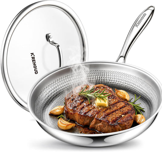 Okura Titanium Pans for Cooking, Titanium Cookware, 12" Frying Pan Hammered Design with Lid, No Coating, Non-Toxic Pro Pan PFAS/PFOA/PTFE Free, Dishwasher&Oven Safe, Induction Compatible