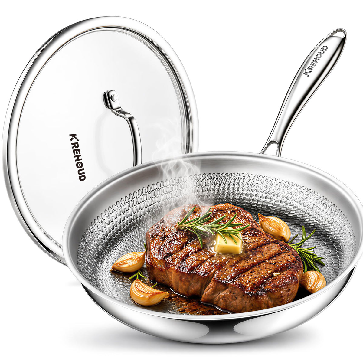 Okura Titanium Pans for Cooking, Titanium Cookware, 12" Frying Pan Hammered Design with Lid, No Coating, Non-Toxic Pro Pan PFAS/PFOA/PTFE Free, Dishwasher&Oven Safe, Induction Compatible