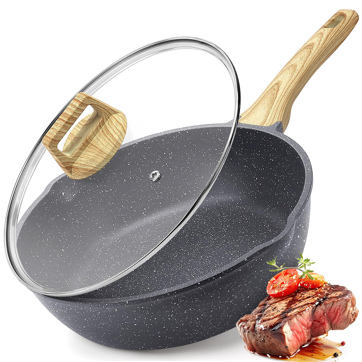GiPP Ceramic Nonstick Deep Frying Pan Skillet, 12" Saute Pan with Lid, Induction Cookware Non Stick Cooking Pan, PTFE PFOA PFOS APEO Free, Grey
