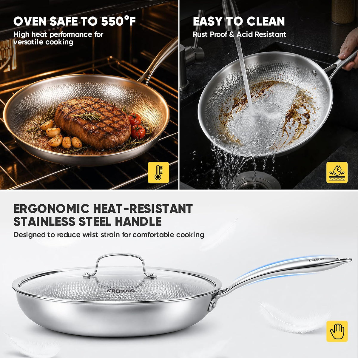 Okura Titanium Pans for Cooking, Titanium Cookware, 12" Frying Pan Hammered Design with Lid, No Coating, Non-Toxic Pro Pan PFAS/PFOA/PTFE Free, Dishwasher&Oven Safe, Induction Compatible