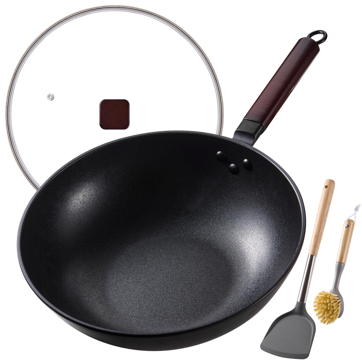 Teewe Carbon Steel Wok, 13" Woks & Stir-fry Pans Nonstick with Glass Lid