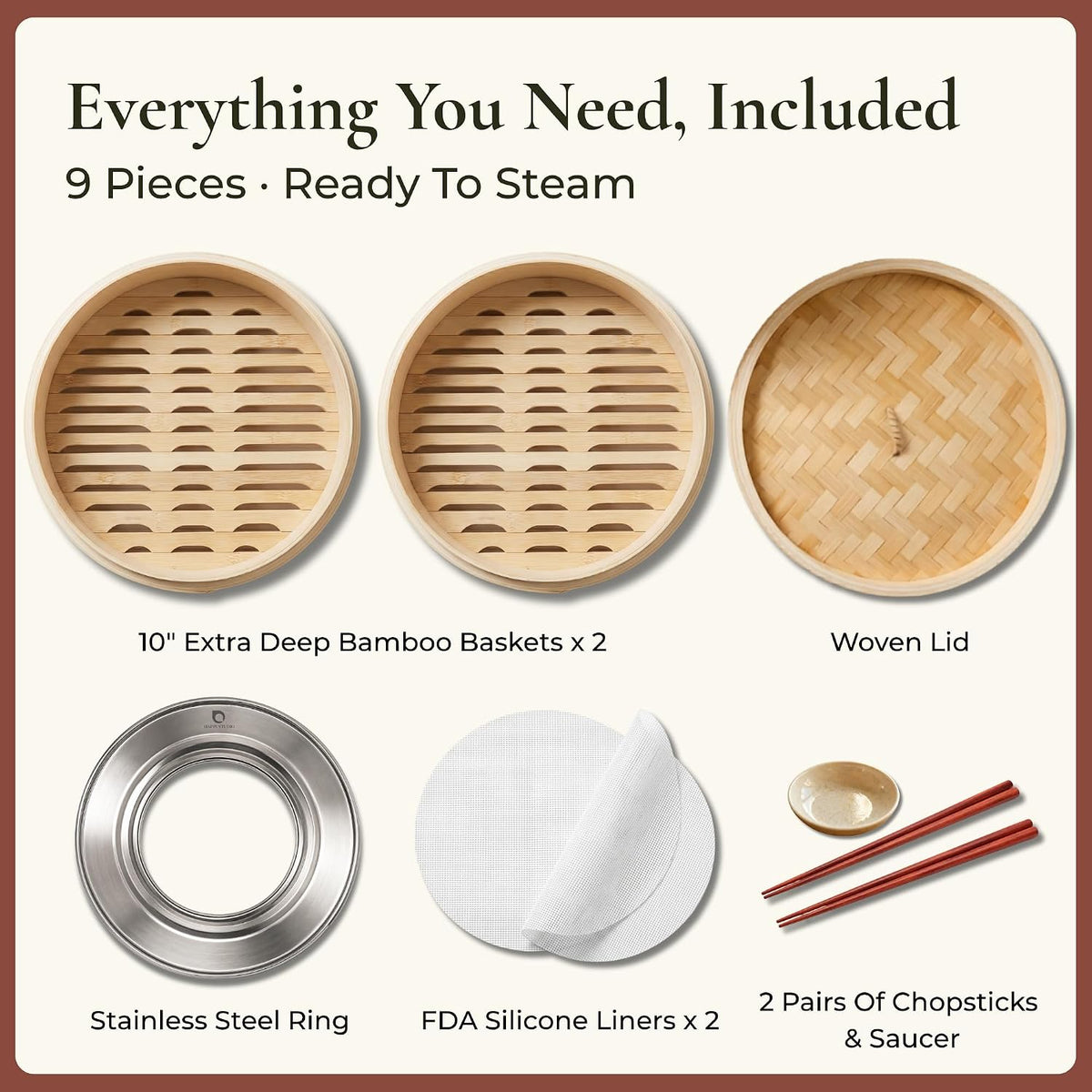 HAPPI STUDIO Bamboo Steamer Basket 10 Inch, Extra Deep Dumpling Steamer Set