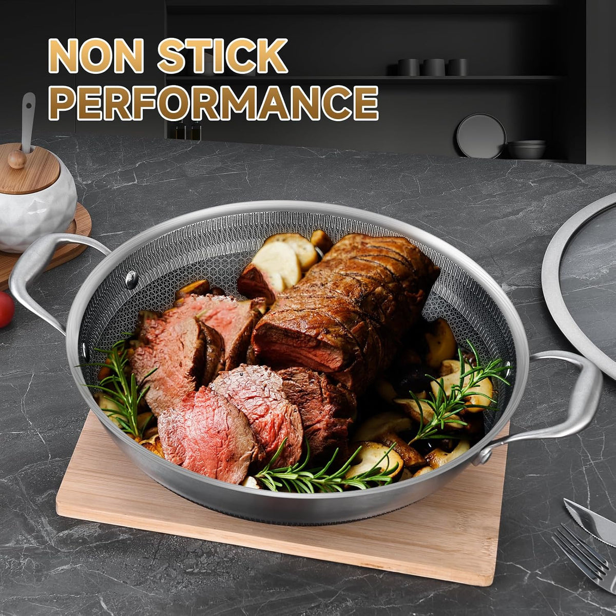 LOLYKITCH Hybird Nonstick Wok Pan with Lid | 12-Inch | Rivented Handle