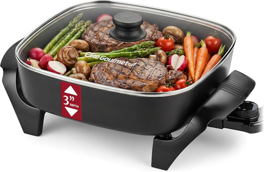 Elite Gourmet 12" PFAS-Free Ceramic Electric Skillet, 1200W, Extra-Deep