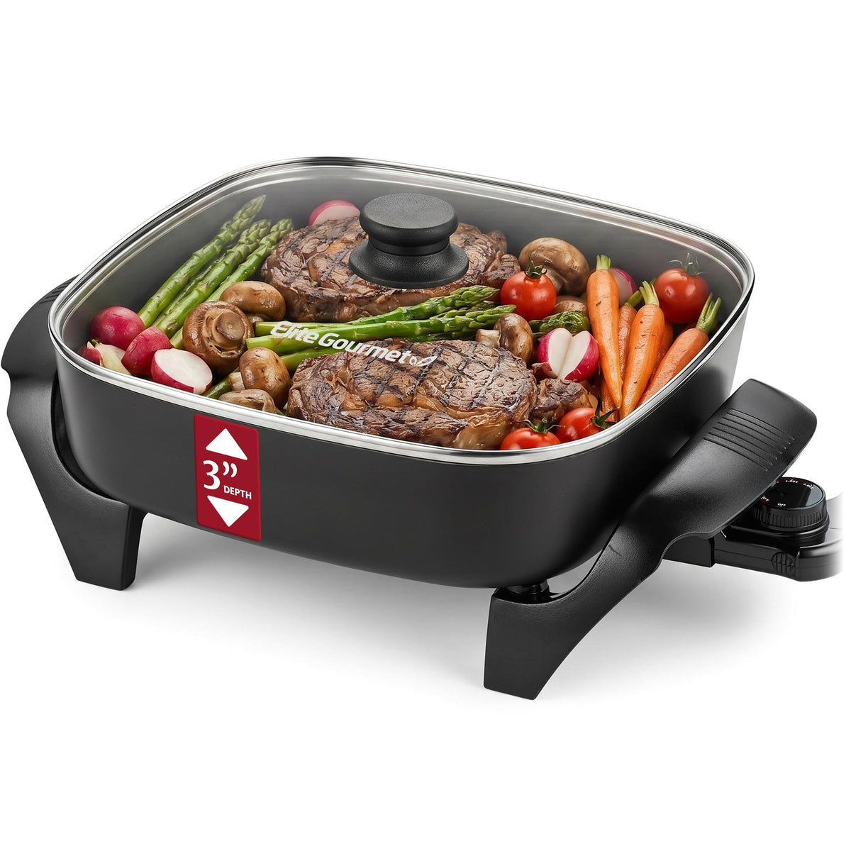 Elite Gourmet 12" PFAS-Free Ceramic Electric Skillet, 1200W, Extra-Deep