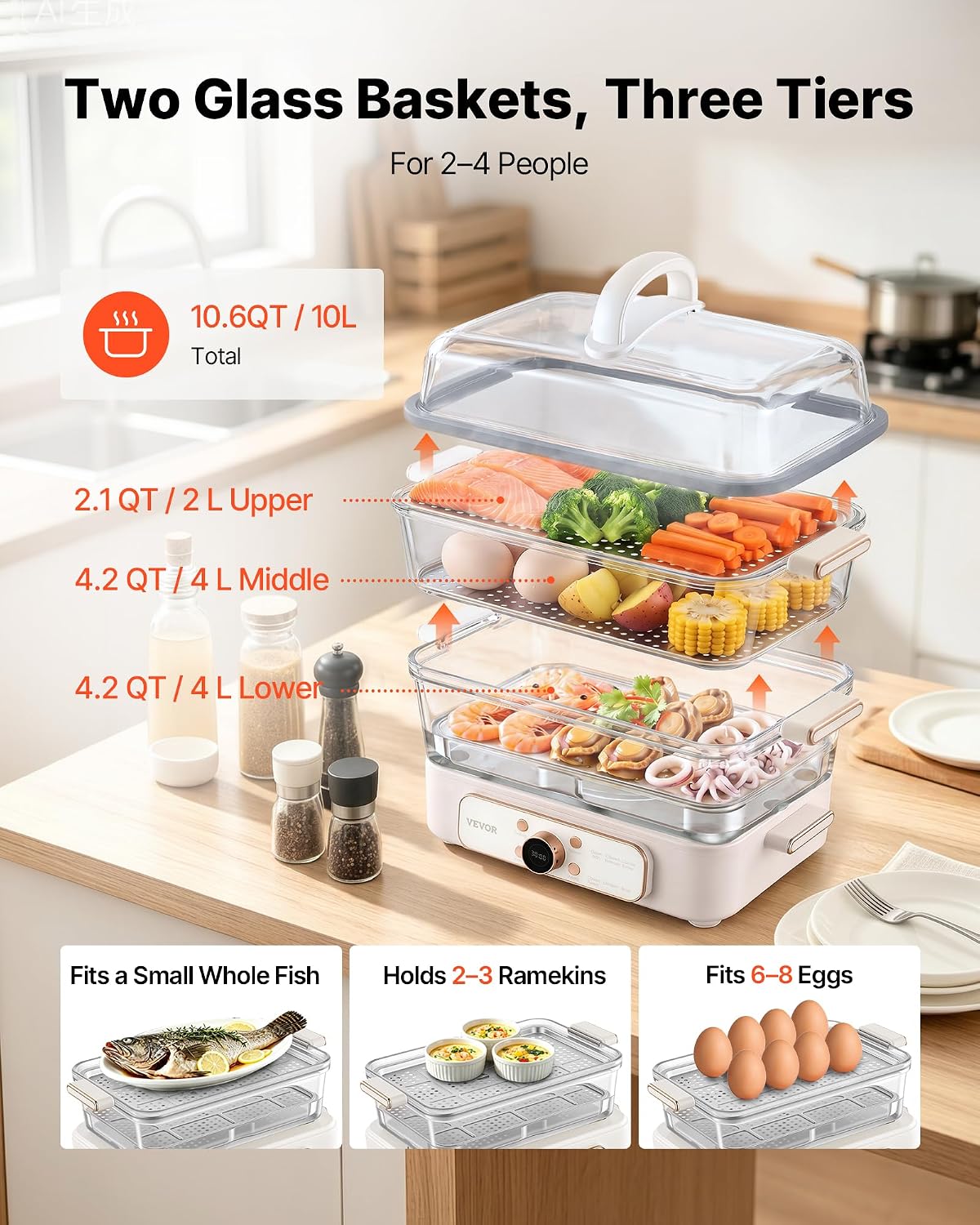 VEVOR Electric Food Steamer 10.6 QT Glass with 3-Tier Stainless Steel Trays, 1200W Vegetable Steamer for Cooking, 2-4 Servings, Pre-Programmed Settings, Delay Start, for Veggies, Seafood & Rice, White