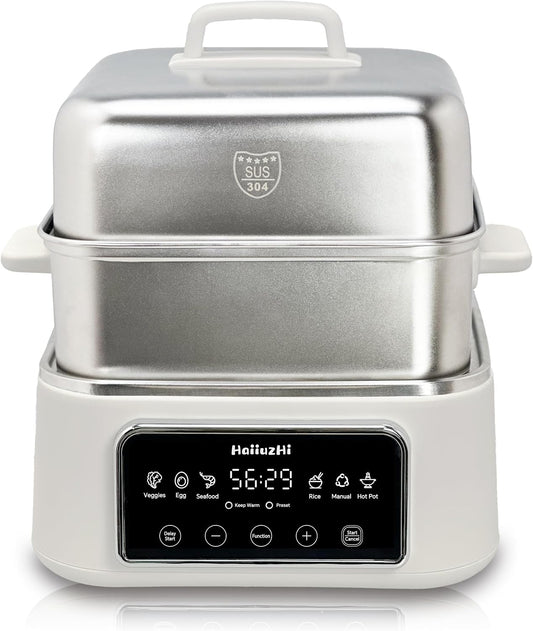Electric Food Steamer 12.7 QT, Double-Tier 8-in-1 Vegetable & Meal Steamer, Stainless Steel, Timer & Keep Warm, Boil-Dry Protection, Healthy Cooking Kitchen Steamer