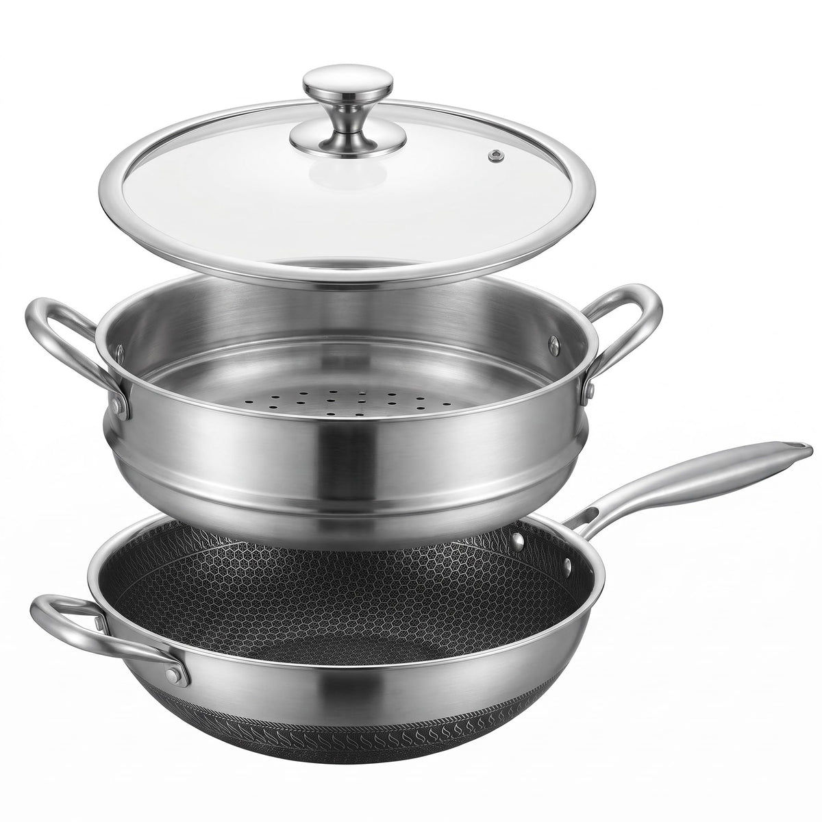 14" Honeycomb Non Stick Wok Pan Stainless Steel Stir-fry Wok with Lid,Skillet with Stay-cool Handle PFOA Free Suitable for Induction, Ceramic, Electric, and Gas Cooktops (Sliver, 14 Inches)